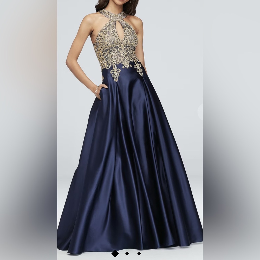 Xscape Navy and Gold Embroidered Prom Dress